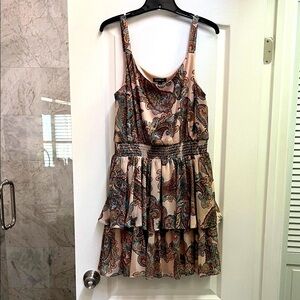 Express Paisley Tiered Mini Dress - Cream and Brown